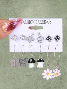 ROMWE Fairycore 6pairs Fashion Zinc Alloy Mushroom & Butterfly Decor Earrings For Dating Gift - Bạc - Xem 1