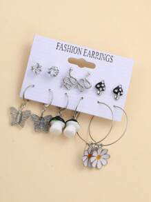 ROMWE Fairycore 6pairs Fashion Zinc Alloy Mushroom & Butterfly Decor Earrings For Dating Gift - Bạc - Xem 2