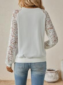 SHEIN Clasi 女款素色蕾絲拼接插肩袖運動衫 - 白色 - 查看 2