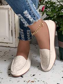Women Floral Embroidered Stitch Detail Flat Loafers, Fashion Outdoor Flats - Beige - View 1