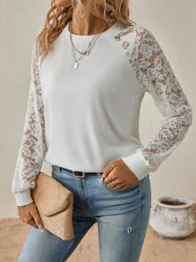 SHEIN Clasi 女款素色蕾絲拼接插肩袖運動衫 - 白色 - 查看 3