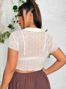 SHEIN ICON 大碼前紐扣不對稱下擺上衣不附文胸 - 杏色 - 查看 2