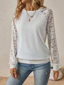 SHEIN Clasi 女款素色蕾絲拼接插肩袖運動衫 - 白色 - 查看 4