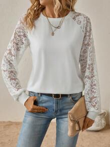 SHEIN Clasi 女款素色蕾絲拼接插肩袖運動衫 - 白色 - 查看 5