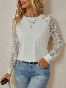 SHEIN Clasi 女款素色蕾絲拼接插肩袖運動衫 - 白色 - 查看 6