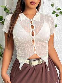 SHEIN ICON 大碼前紐扣不對稱下擺上衣不附文胸 - 杏色 - 查看 5