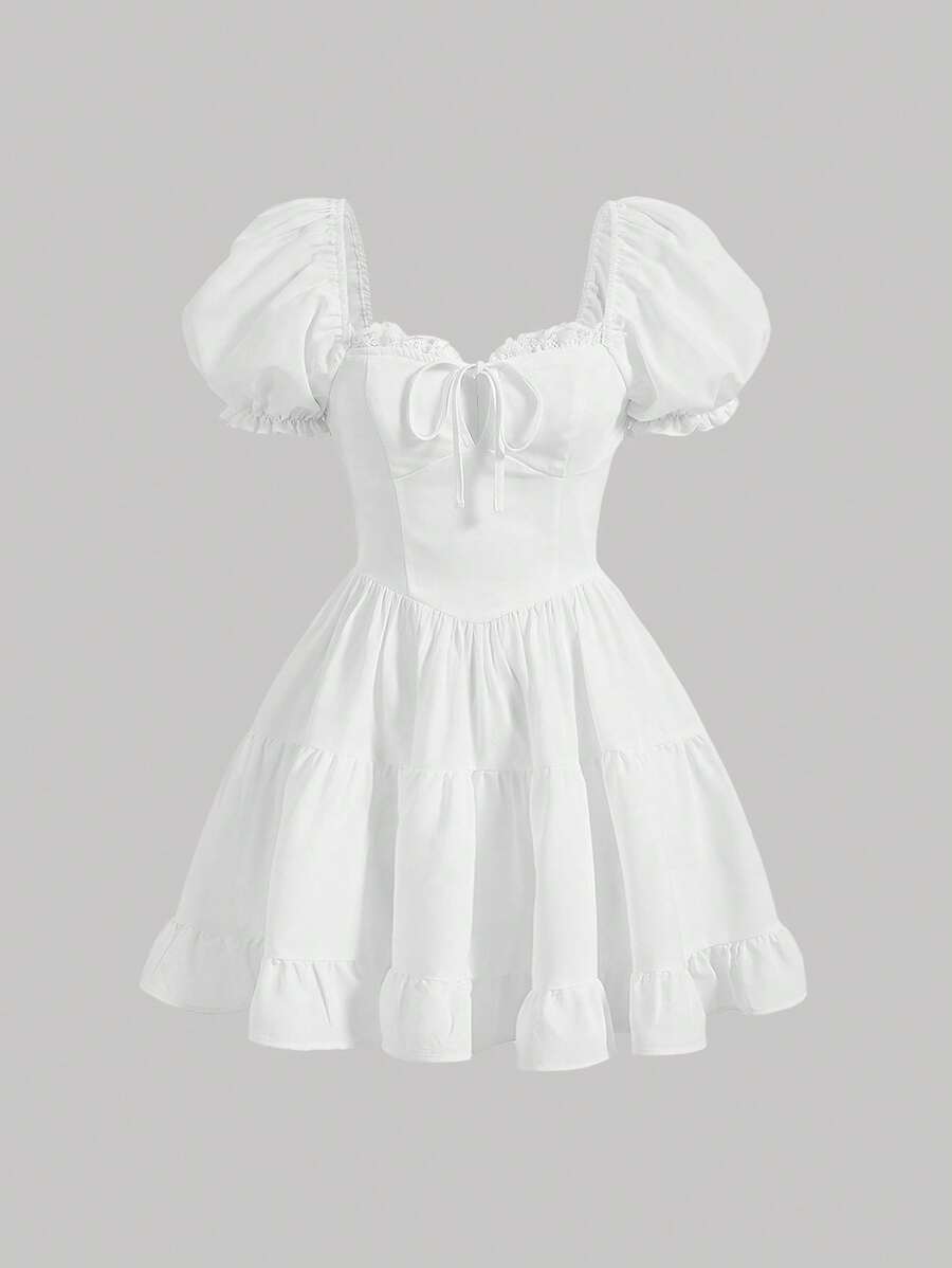 SHEIN MOD Puff Sleeve Frill Trim Tie Front Ruffle Hem Dress - White - View 1