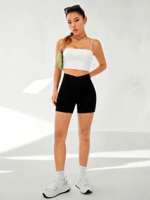 SHEIN EZwear 素色腰部交疊騎行褲