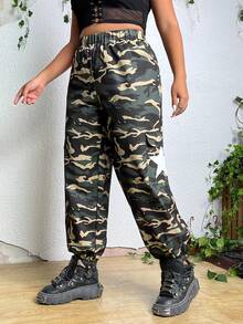 SHEIN Coolane Plus Camo Print Flap Pocket Side Cargo Pants - Multicolor - View 4