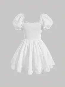 SHEIN MOD Puff Sleeve Frill Trim Tie Front Ruffle Hem Dress - White - View 2