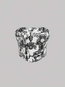 SHEIN MOD 印花頭巾下擺短款抹胸上衣 - 黑與白 - 查看 1