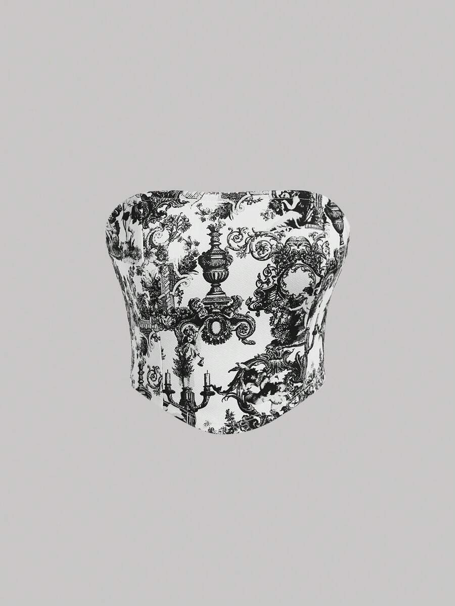 SHEIN MOD 印花頭巾下擺短款抹胸上衣 - 黑與白 - 查看 1