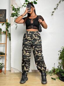 SHEIN Coolane Plus Camo Print Flap Pocket Side Cargo Pants - Multicolor - View 6