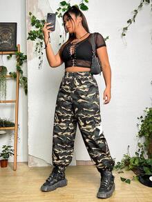 SHEIN Coolane Plus Camo Print Flap Pocket Side Cargo Pants - Multicolor - View 7