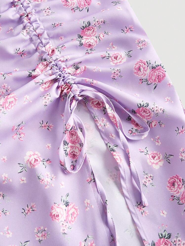 SHEIN MOD Đầm Nút Dây kéo Xù Tách cao Chi tiết cốc Họa tiết hoa Boho - Màu Lilac Tím - Xem 4