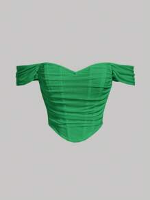 SHEIN MOD 一字肩褶邊網紗上衣 - 綠色 - 查看 1