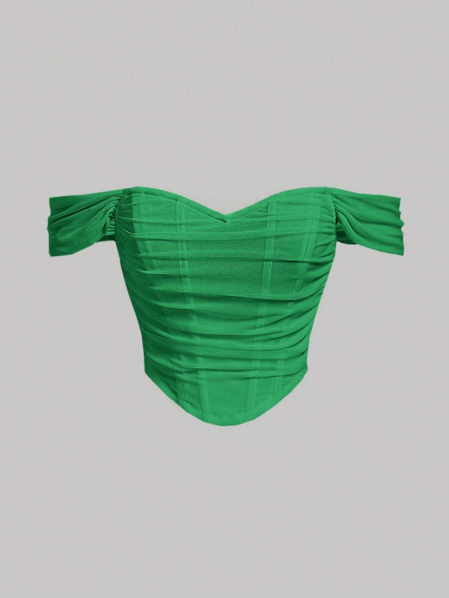 SHEIN MOD 一字肩褶邊網紗上衣 - 綠色 - 查看 1