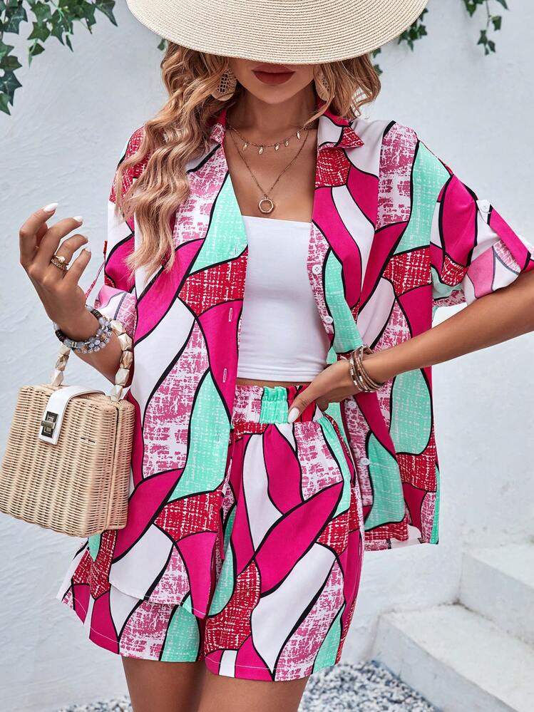 SHEIN VCAY Allover Print Drop Shoulder Blouse & Shorts - Multicolor - View 1