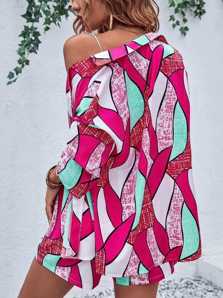 SHEIN VCAY Allover Print Drop Shoulder Blouse & Shorts - Multicolor - View 2