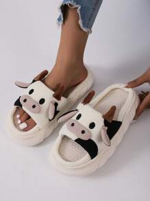 時尚塑料厚底奶牛印花家居拖鞋，羅馬風格米色女式室內拖鞋 - 米色 - 查看 7