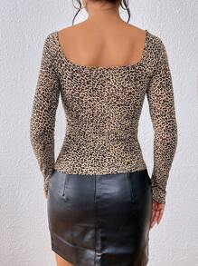 SHEIN Privé Leopard Print Knot Front Tee - Multicolor - View 2