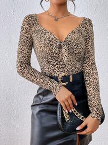 SHEIN Privé Leopard Print Knot Front Tee - Multicolor - View 4