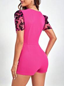 SHEIN Privé Contrast Mesh Puff Sleeve Wrap Front Romper - Hot Pink - View 2