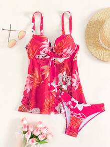 SHEIN Swim Đầm bơi đẩy lên in họa tiết nhiệt đới đi biển mùa hè - Màu Hoa hồng đỏ - Xem 1