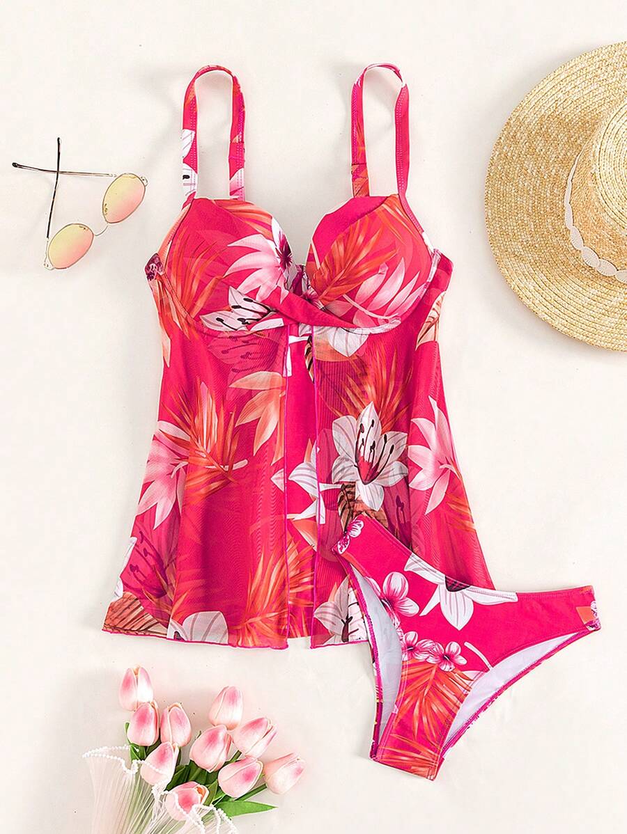 SHEIN Swim Đầm bơi đẩy lên in họa tiết nhiệt đới đi biển mùa hè - Màu Hoa hồng đỏ - Xem 1