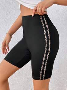 SHEIN Privé 豹紋印花側條紋圖案騎行褲 - 黑色 - 查看 1