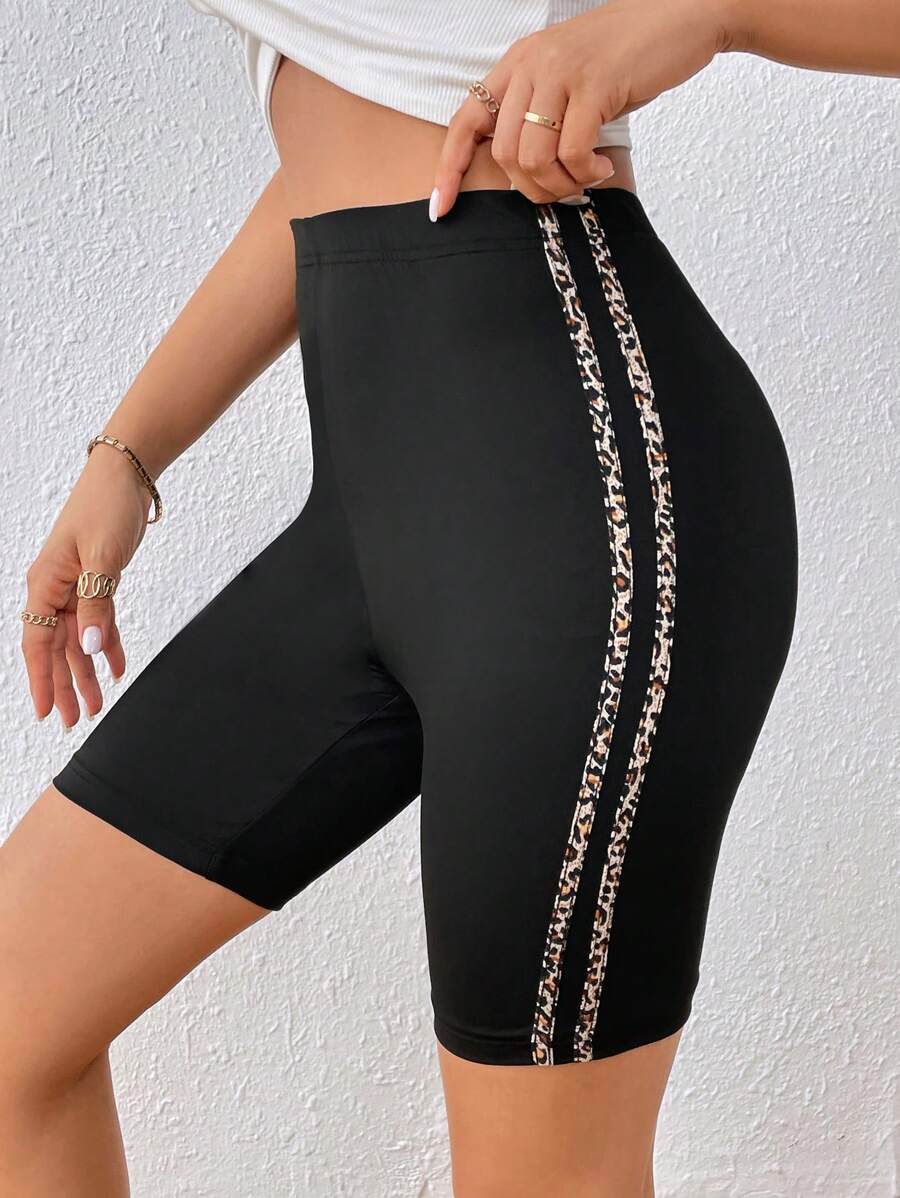 SHEIN Privé 豹紋印花側條紋圖案騎行褲 - 黑色 - 查看 1