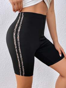 SHEIN Privé 豹紋印花側條紋圖案騎行褲 - 黑色 - 查看 3