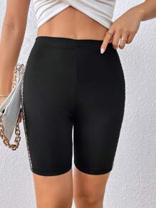 SHEIN Privé 豹紋印花側條紋圖案騎行褲 - 黑色 - 查看 4