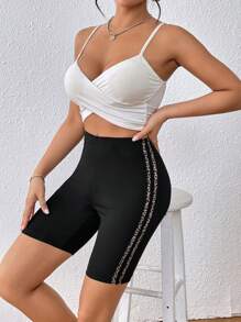 SHEIN Privé 豹紋印花側條紋圖案騎行褲 - 黑色 - 查看 5