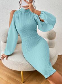 SHEIN Privé Cold Shoulder Lantern Sleeve Mock Neck Dress - Baby Blue - View 1