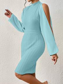SHEIN Privé Cold Shoulder Lantern Sleeve Mock Neck Dress - Baby Blue - View 3