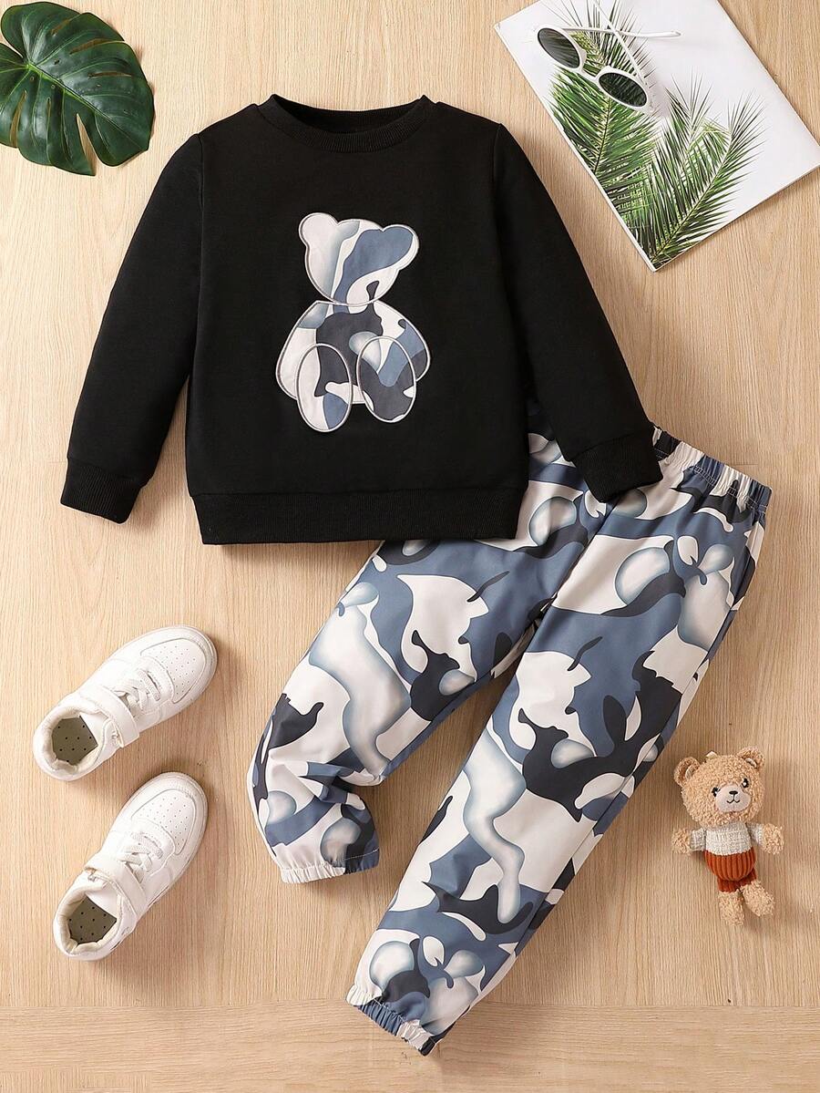 SHEIN 男小童小熊印花衛衣和衛褲 - 黑色 - 查看 1