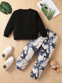 SHEIN 男小童小熊印花衛衣和衛褲 - 黑色 - 查看 2