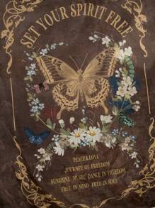 ROMWE Fairycore 1 Miếng Bướm & hoa in Tấm thảm , Boho Có thể giặt được Tấm thảm Áp phích Đồ trang trí treo Đối với Phòng ngủ Thẩm mỹ - Cà phê nâu - Xem 2