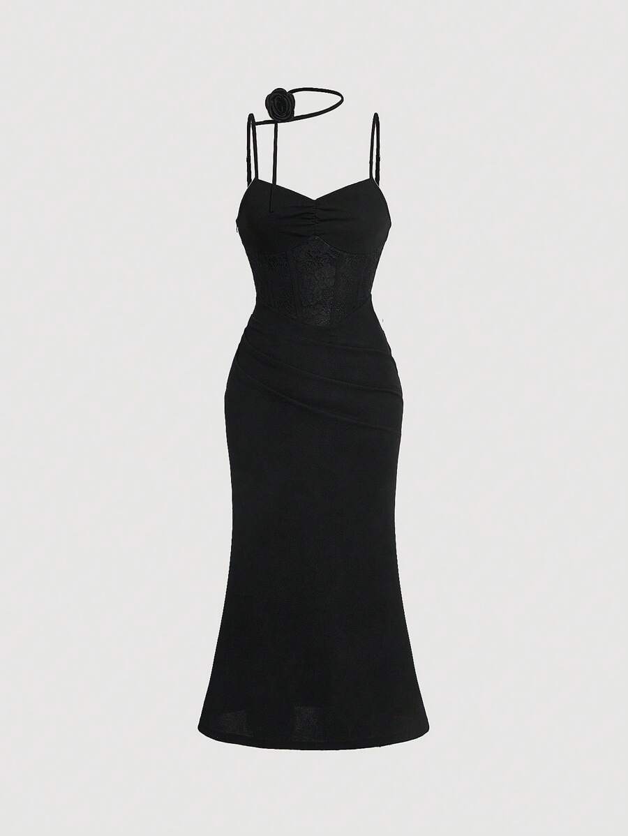 SHEIN MOD 3D胸部褶皺吊帶連衣裙 - 黑色 - 查看 1