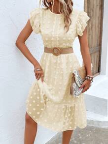 SHEIN LUNE Đầm Tương phản ren Xù Dây kéo màu trơn Giải trí - Màu be - Xem 3