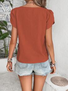 Breezaya Blusa unicolor con diseño de botón de cuello asimétrico manga tulipán - Óxido marrón - Ver 2