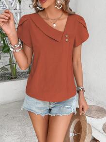Breezaya Blusa unicolor con diseño de botón de cuello asimétrico manga tulipán - Óxido marrón - Ver 3