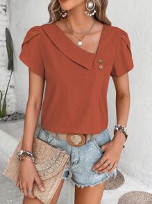 Breezaya Blusa unicolor con diseño de botón de cuello asimétrico manga tulipán - Óxido marrón - Ver 4