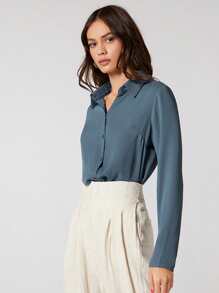 SHEIN BIZwear 素色前紐扣襯衫工作服 - 霧霾藍 - 查看 1