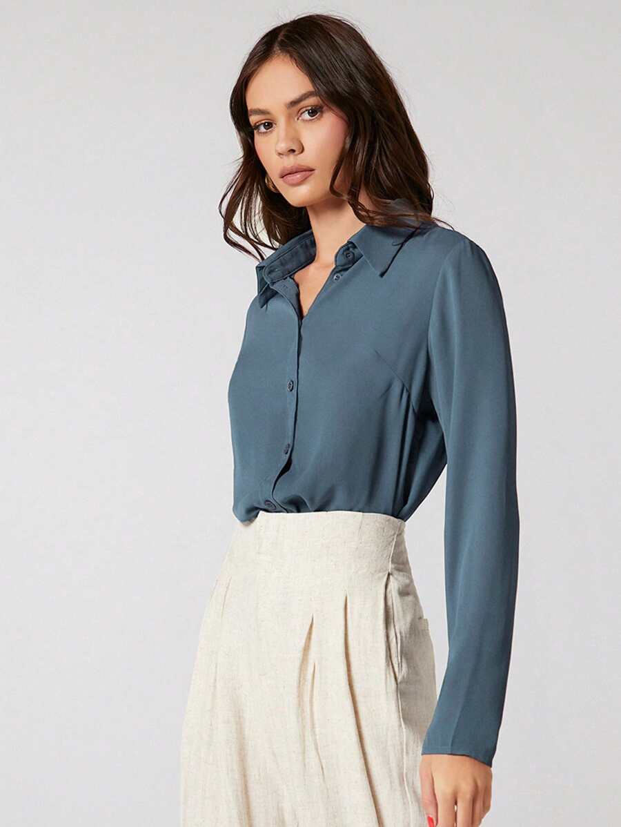 SHEIN BIZwear 素色前紐扣襯衫工作服 - 霧霾藍 - 查看 1