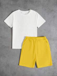 SHEIN Boys Slogan Graphic Tee & Shorts - Yellow - View 2