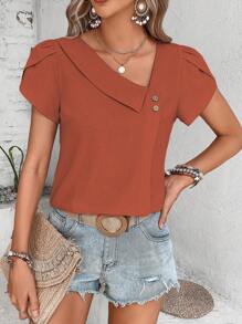 Breezaya Blusa unicolor con diseño de botón de cuello asimétrico manga tulipán - Óxido marrón - Ver 6