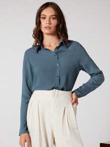 SHEIN BIZwear 素色前紐扣襯衫工作服 - 霧霾藍 - 查看 4