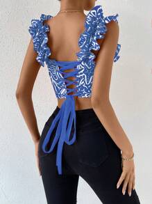 SHEIN Privé In Toàn bộ Lá sen tỉa Ren lên trở lại Áo sơ mi Crop - Màu xanh lam - Xem 2